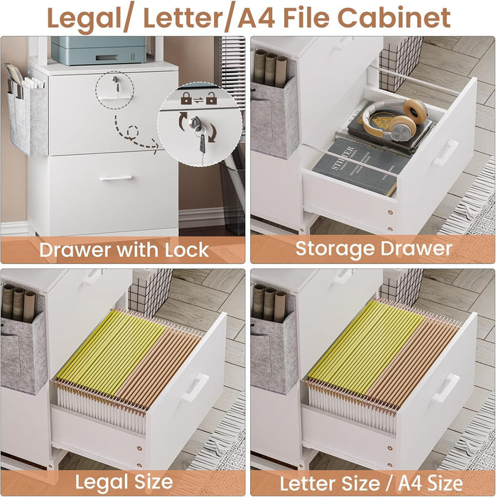 2 Drawer File Cabinet, Filing Cabinet with Lock Fits Letter, Legal, A4 Size, File Cabinets for Home Office with Storage Bag, Open Shelf and Hook, White