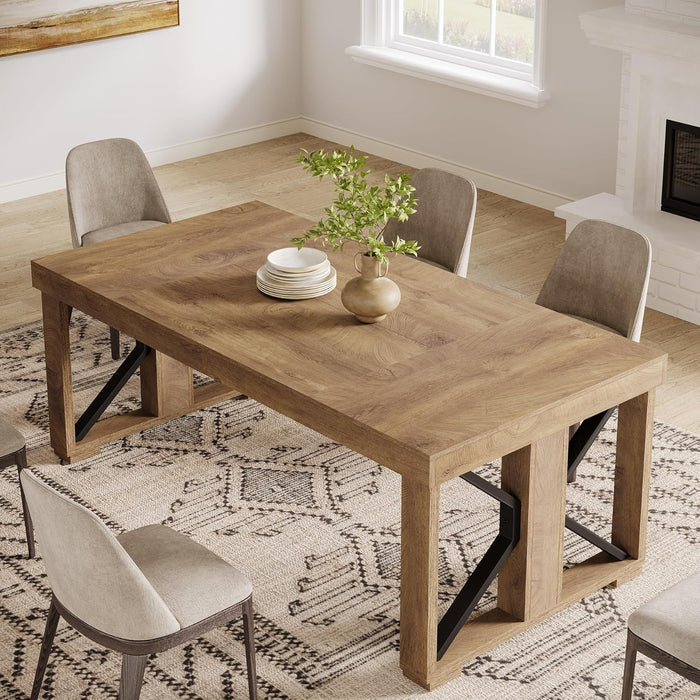 70.87" Rectangular Dining Table for 6-8 People, Farmhouse Wooden Kitchen Dinner Table with Strong Base for Dining Room, Kitchen, Living Room, Brown