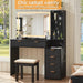 Black Vanity Desk with Mirror and Lights with Stool, 43.5'' Fluted Makeup Vanity with 6 Drawers and Adjustable Shelves,Wood Make up Vanity Set with Glass Top and Power Outlet for Bedroom