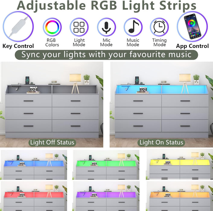 6 Drawer Dresser with Power Outlet, Chest of Drawer with LED Light, Modern Dresser with Open Storage Cubby, Double Wide Dressers Organizer for Bedroom, Living Room, Entryway, Hallway (Grey, 6 Drawers)