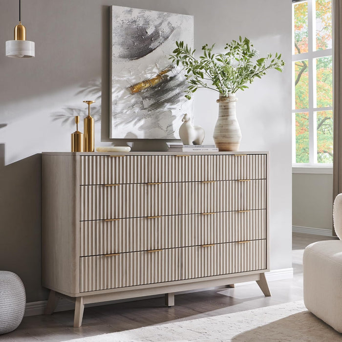 Fluted 9 Drawers Dresser, 54" Wide Modern Chest of Drawers, Curved Profile Design, Dresser TV Stand, Wood Drawer Organizer for Bedroom, Living Room, Hallway, White Alder