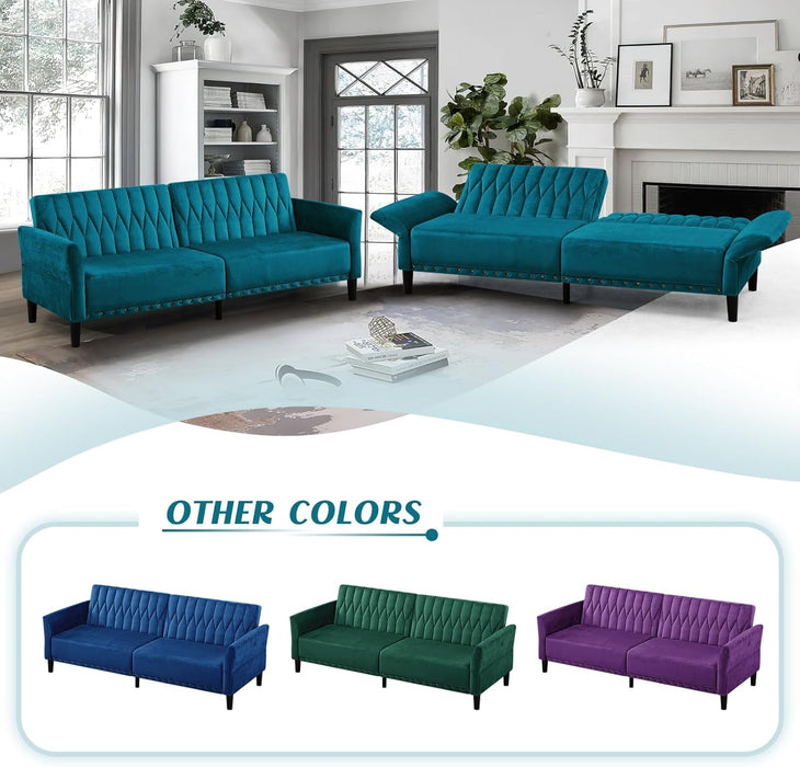 Teal Velvet Convertible Sleeper Sofa With Nailhead