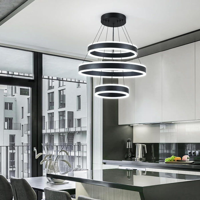 Modern LED Chandeliers Adjustable Hanging Black Pendant Light Fixture 3 Ring Flush Mount Chandeliers for Bedroom,Kitchen,Island Cafe