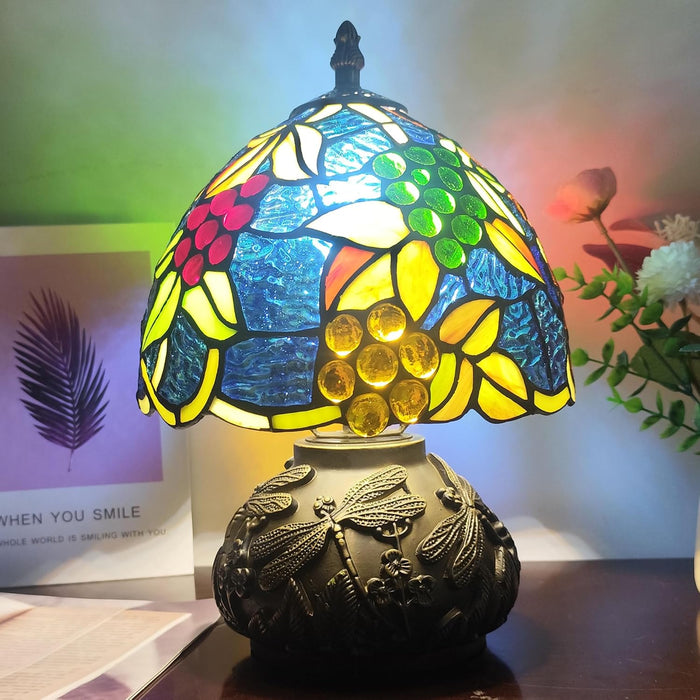Tiffany Lamp Grapes Beads Stained Glass Style Bedside Reading Table Lamp Village Bedroom Nightstand Light 19Inch Tall Office Home Decor Retro Unique Accent Light