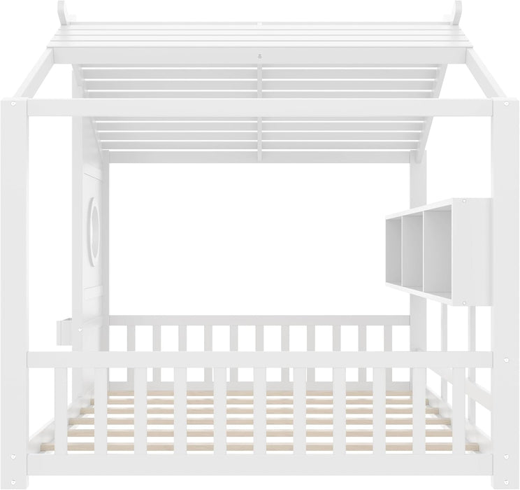 Full Size White Wooden House Bed Frame With Storage