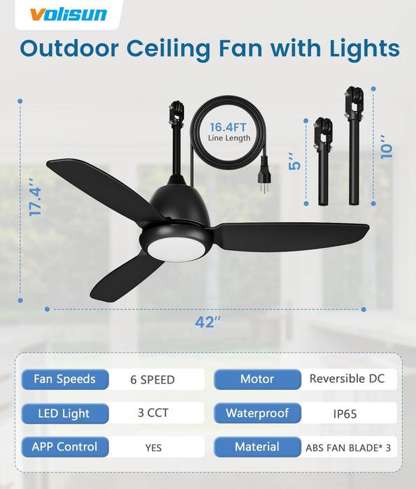 Outdoor Ceiling Fans with Light for Patios, 42In Weatherproof Plug in Ceiling Fan, 3CCT Dimmable Gazebo Fan Remote&App Control, Black Caged Ceiling Fan for Porch, Pergola,Canopy,Pavilion