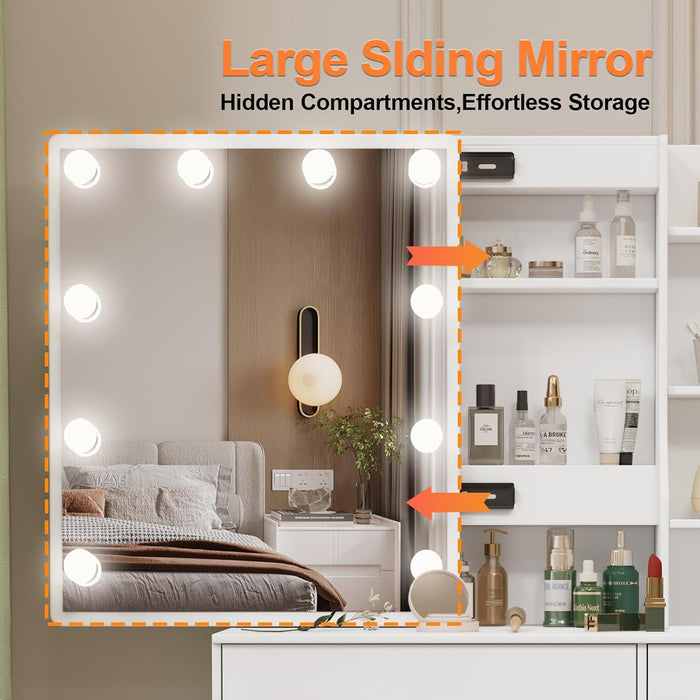 Vanity Desk with Makeup Mirror and Light, Makeup Dressing Table with 4 Drawers and Cushioned Stool for Bedroom, White Dressing Desk for Bedroom