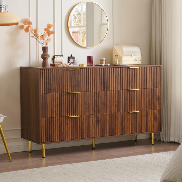 Dark Walnut Fluted 6 Drawers Dresser for Bedroom with Gold Handle