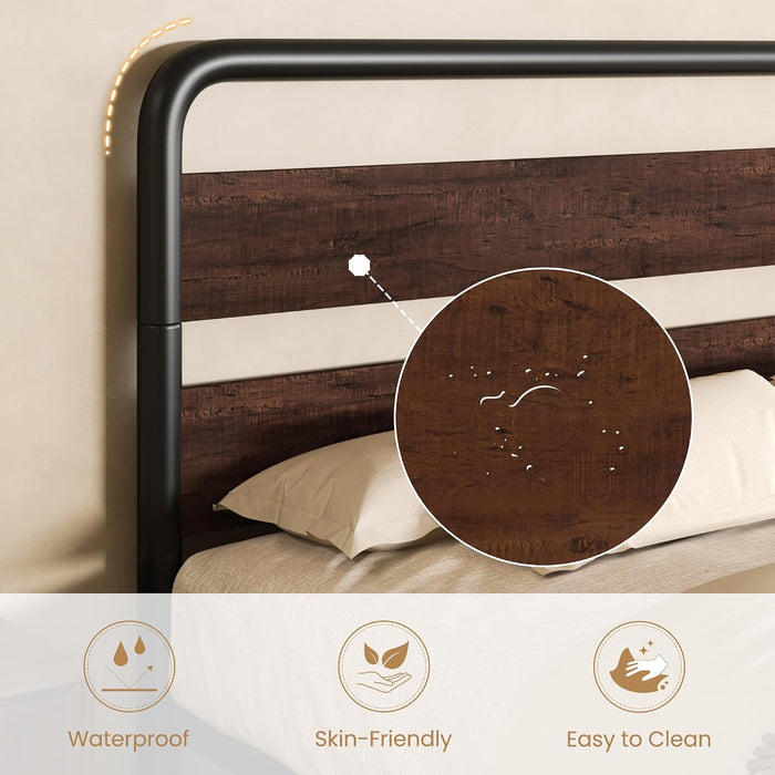 Full Size Metal Bed Frame with Wooden Headboard, Mahogany