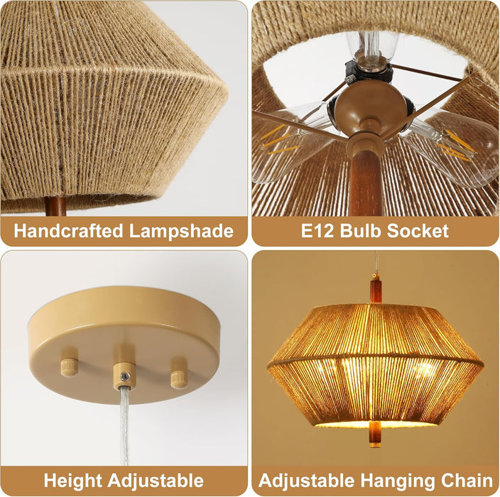 Modern Farmhouse Boho Chandelier,3-Light Chandeliers for Dining Room Light Fixture,Adjustable Rustic Pendant Light Hanging Fixture for Kitchen Island Foyer Entryway,Handwoven Cotton Rope Shade