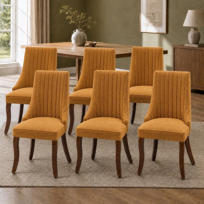 Upholstered Dining Chairs Set of 6, Gold Fabric, Curved Brown Wood Legs