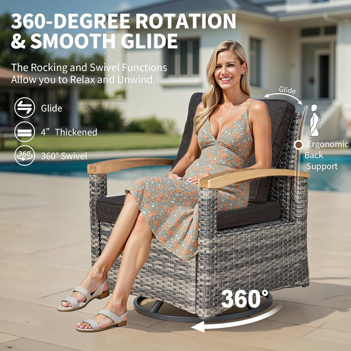 10 Pieces Patio Furniture Sets,Wicker Patio Conversation Sets with 4 Wood Armrests Swivel Glide Chairs, 2 Ottoman, 3-Seat Sofa and Coffee Table (Black)