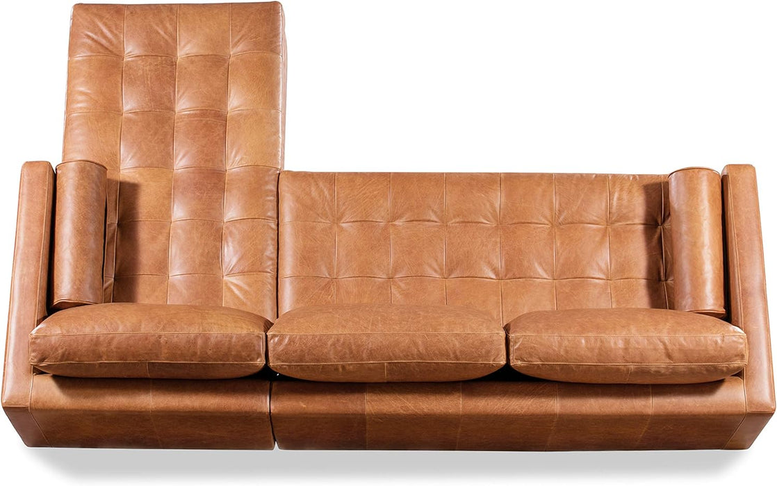 Napa Leather Couch – Right-Facing Sectional Leather Sofa - Tufted Back Full Grain Leather Couch with Feather-Down Topper on Seating Surfaces – Pure-Aniline Italian Leather – Cognac Tan