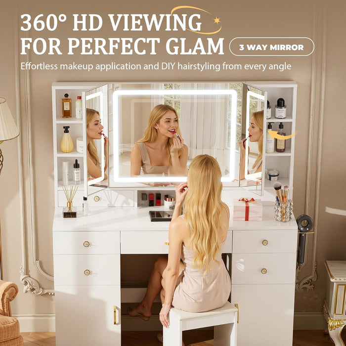 Makeup Vanity Desk with Lights & 3 Way Mirror, Large Girls Vanity Table Set with Charging Station, 3 Lighting Modes & 360° View Mirror, 9 Drawers Dresser for Bedroom, White