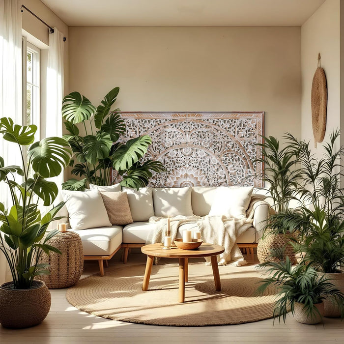 Queen Wood Headboard White-Wash | Carved Full Headboard Only | Wooden Headboard Full Size Bed | Wall Mount Headboard Queen | Full Bed Headboard Panels (Queen, Sumber, Antic)