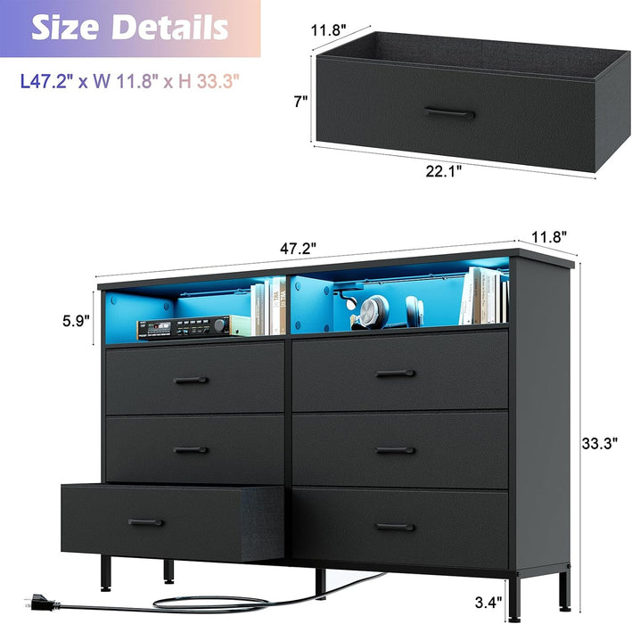 Black Dresser for Bedroom LED 6 Drawer Dresser Fabric Vertical Storagetower