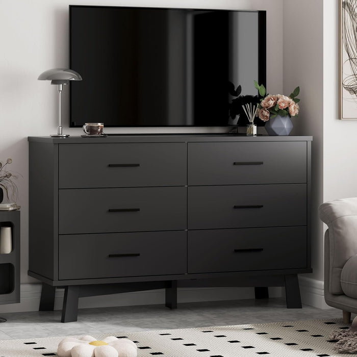Dresser for Bedroom with 6 Drawer, Modern Chest of Drawers with X-Shaped Sturdy Base, Wide Wood Double Dresser Closet Clothes Storage Organizer, Wooden TV Stand for Living Room, Hallway, Black