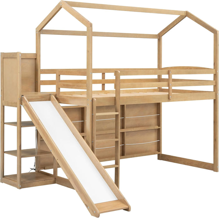 Twin EngineeredWood Loft Bed With Slide StorageShelves