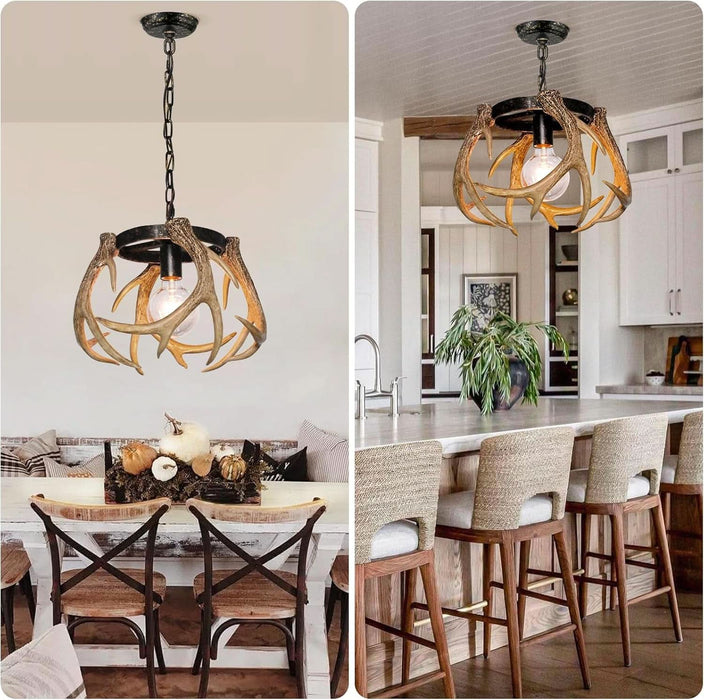Rustic Antler Chandelier, Adjustable Height Farmhouse Chandeliers with Resin 4 Antlers and Retro Metal Wagon Wheel Chandelier Vintage Style for Dining Room, Kitchen, Hallway, Entryway