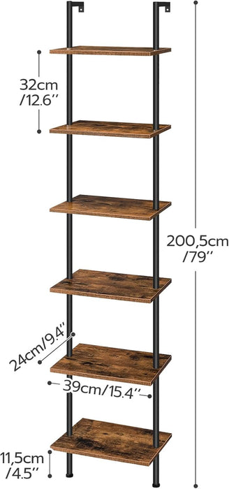 DIY Ladder Shelf, 6-Tier Wooden Wall Mounted Bookshelf, Narrow Bookcase, Display Shelf, Storage Rack, Plant Stand, for Living Room, Bedroom, Study, Balcony, Rustic Brown and Black BF651CJ01