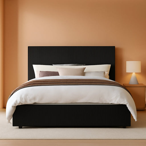 Full Bed Frame, Upholstered Platform Bed, Adjustable Vertical Channel Tufted Headboard, Corduroy Fabric, Modern Low Profile, Wooden Slats, No Box Spring Needed, Easy Assembly, Black