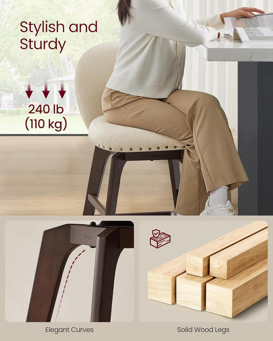 Bar Stools Set of 2, Swivel Counter Height Bar Stools with Back and Wood Legs, Chenille Fabric Upholstered Barstools, 26.2-Inch Tall Counter Barstools for Kitchen Island, Cappuccino Beige