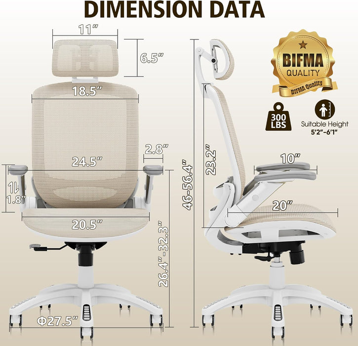 Ergonomic Office Chair, High Back Home Desk Chair with Headrest, Flip-Up Arms, 90-120° Tilt Lock and Wide Cushion, 300LBS Mesh Chairs for Man Woman, White Task Chair(Beige,Gy01Wbg)