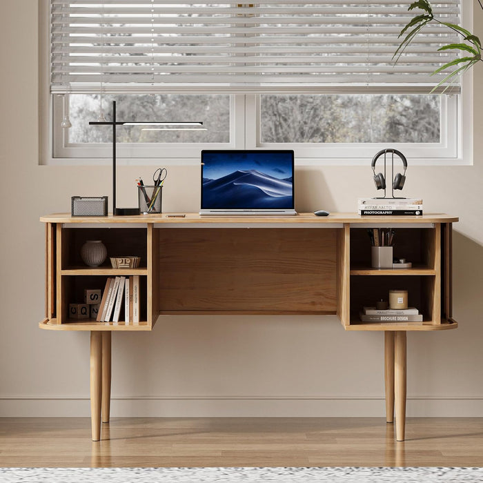 55" Modern Writing Desk with Storage, Wood Home Office Desk with Sliding Doors, Computer Desk for Home Office, Dorm, Living Room, Home Study Table, Natural