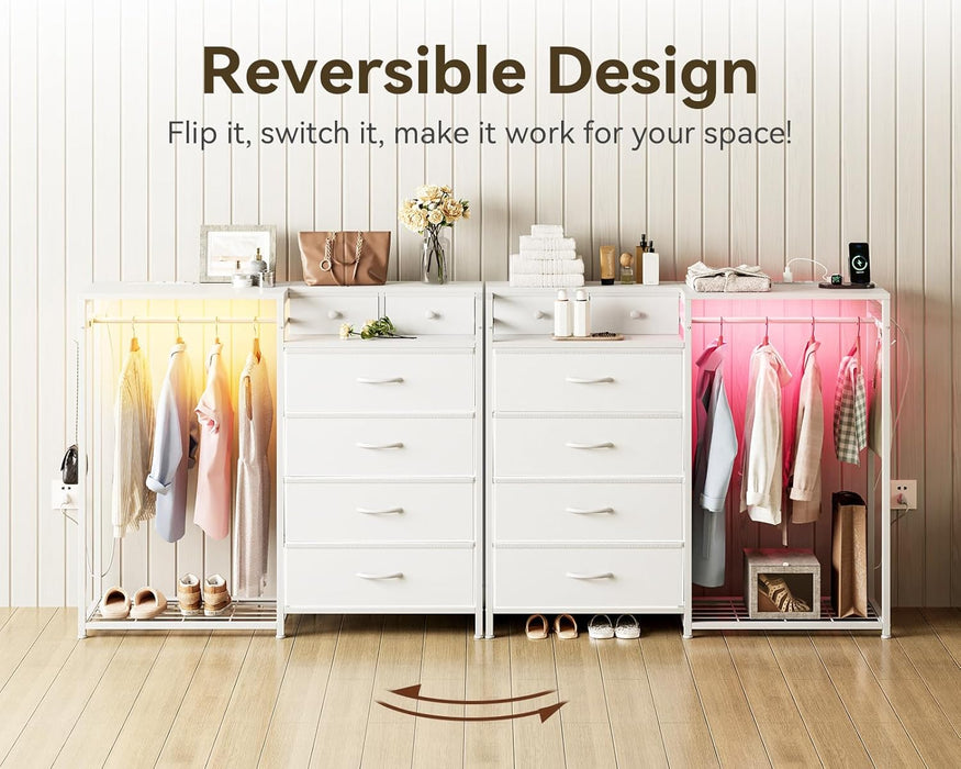 43" W White Dresser for Bedroom with Hanging Rack, Reversible 6 Drawers Dresser with Led Lights & Charging Station, Fabric Closet Dressers & Chest of Drawers with Clothes Rack for Girls, Kids