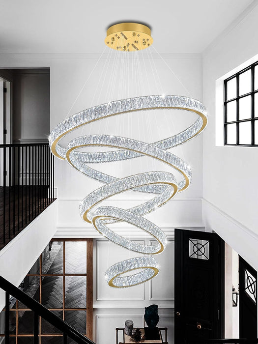 Modern Gold Ring Chandelier for High Ceiling Foyer,Large Crystal Chandelier for Staircase Villa D8''+15.7"+23.6"+31.5"+39.4"