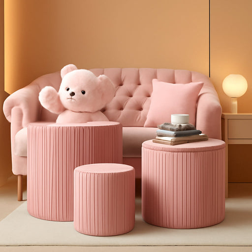 Ottoman Coffee Table,Round Ottoman with Storage Set of 3,Vanity Stool with Storage for Bedroom, Small Velvet Foot Stool for Living Room