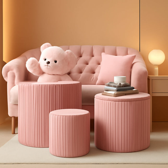 Ottoman Coffee Table,Round Ottoman with Storage Set of 3,Vanity Stool with Storage for Bedroom, Small Velvet Foot Stool for Living Room