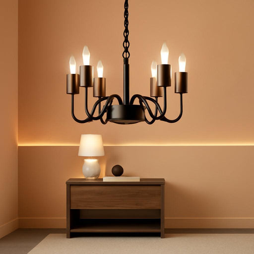 Black Chandelier for Dining Room, Rustproof 6-Light Farmhouse Chandelier Light Fixture, 47Inches Modern Candle Hanging Light for Bedroom, Adjustable Rope, E12 Small Base, Bulbs Not Included