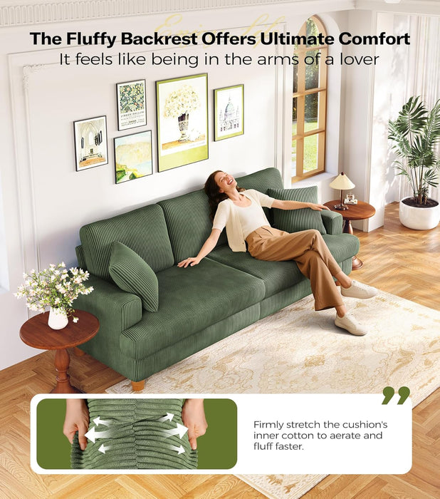 Corduroy Sofa EightySevenInch DeepSeat Green LivingRoom Comfort