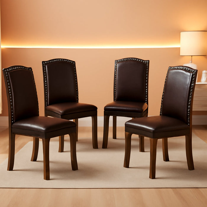 Dining Chairs Set of 4, Upholstered Leather Kitchen Room Chairs Mid Century Modern High-End Dining Room Side Chairs with Nailhead Trim and Wood Legs for Bedroom, Living Room, Brown