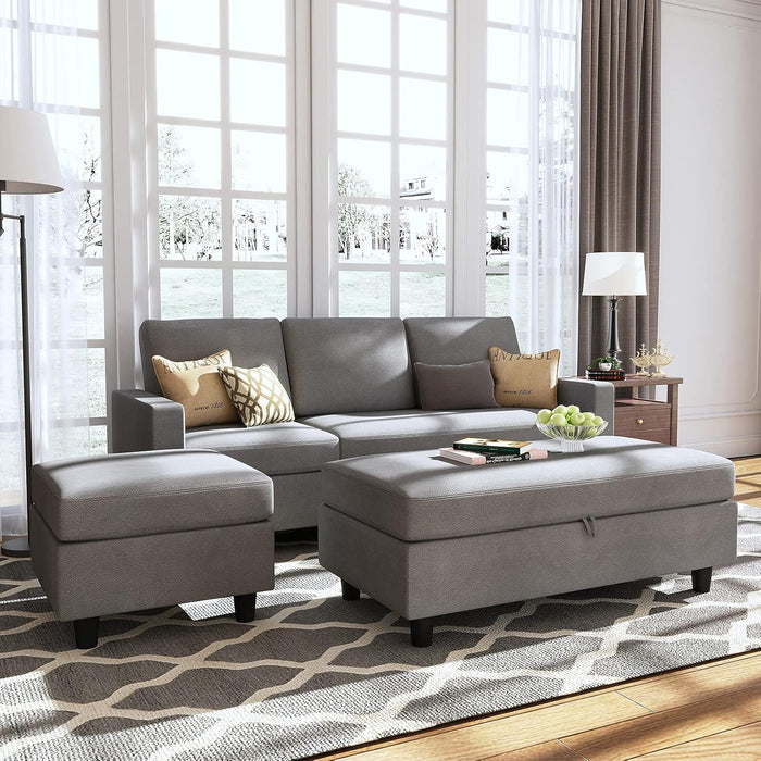 Grey Sectional Sofa Set with Ottoman  L-Shaped Chaise