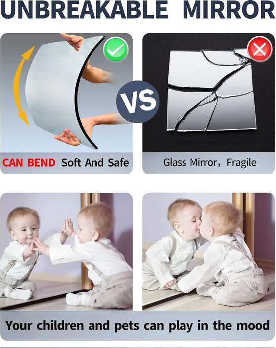 Shatterproof Kids Wall Mirror Tiles, 4Pcs 10"X10" Self Adhesive Acrylic Mirror, Unbreakable Plastic Mirrors for Toddler, Frameless Small Mirrors, Plexiglass Long Mirrior for Classroom,Children'S Room