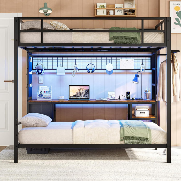 Full over Twin Bunk Bed with Desk and Charging Station Metal Full Size over Twin Loft Bed with Led Lights & Storage Shelves and Drawers for Teen,Safety Guard & Stairs,No Box Spring Needed,Black