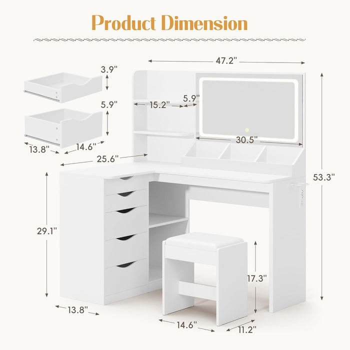Vanity Desk with Lights and Mirror, L Shaped Makeup Table, with Hairdryer Holder and Fast Charging, Adjustable 3 Lighting Modes, 5 Drawers and Adjustabled Open Storage Shelves, White