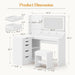 Vanity Desk with Lights and Mirror, L Shaped Makeup Table, with Hairdryer Holder and Fast Charging, Adjustable 3 Lighting Modes, 5 Drawers and Adjustabled Open Storage Shelves, White