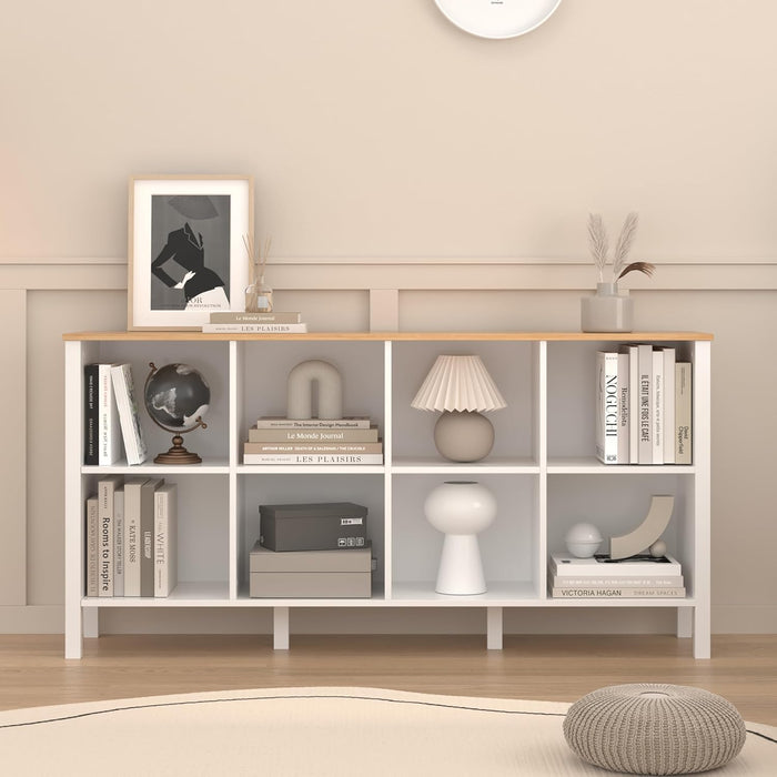 8-Cube Bookcase, Farmhouse Wooden Bookshelf Low Storage Organizer, 59" Horizontal White Console with Legs, Hallway Book Case for Entryway, Display Cabinet for Living Room (White, 8-Cube)