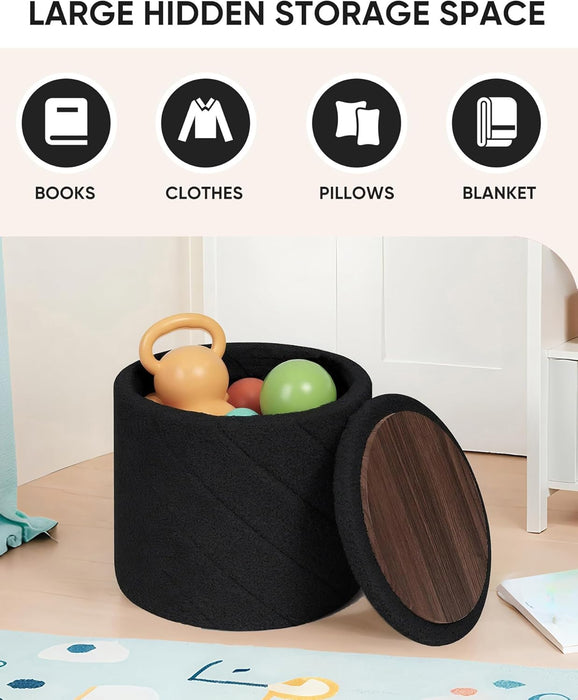 Ottoman with Stroage, Boucle round Storage Ottoman with Tray,Foot Rest Stool for Dorm Room, Living Room Black, 12.99"X12.99"X13.78"