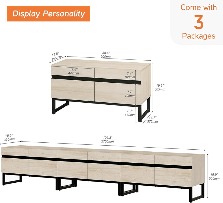 Modern TV Stand for Tvs up to 110 Inch, 3 in 1 Entertainment Center TV Console with Storage Cabinets and Metal Base,Media Console for Living Room,Light Oak