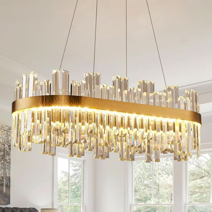 39.3" Dimmable Rectangle LED Crystal Chandeliers,Gold Chandelier Light, 3 Colors Contemporary Pendant Ceiling Light for Dining Room Living Room Kitchen Island Entryway Foyer ,With Remote Control