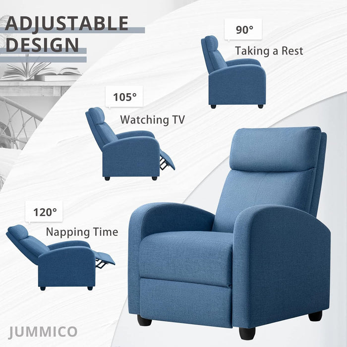 Recliner Chair Adjustable Home Theater Single Recliner Sofa Furniture with Thick Seat Cushion and Backrest Modern Living Room Recliners (Fabric, Light Blue)