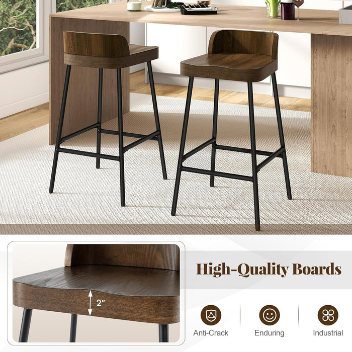 24.5'' Bar Stools Set of 2, Counter Height Bar Stools with Low Back & Footrest, Metal Frame, Industrial Bar Chairs, Armless Barstools for Kitchen Island, Pub, Kitchen, Cafe, Breakfast, Brown