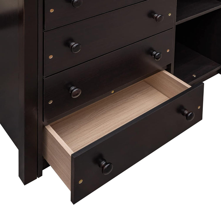 Twin over Full Bunk Bed with Storage, Solid Wood Bunk Bed with 6 Drawers and 3 Flexible Shelves, Twin Loft Bed with Movable Lower Bed, Bottom Bed with Wheels, for Kids Teens Adults (Espresso)