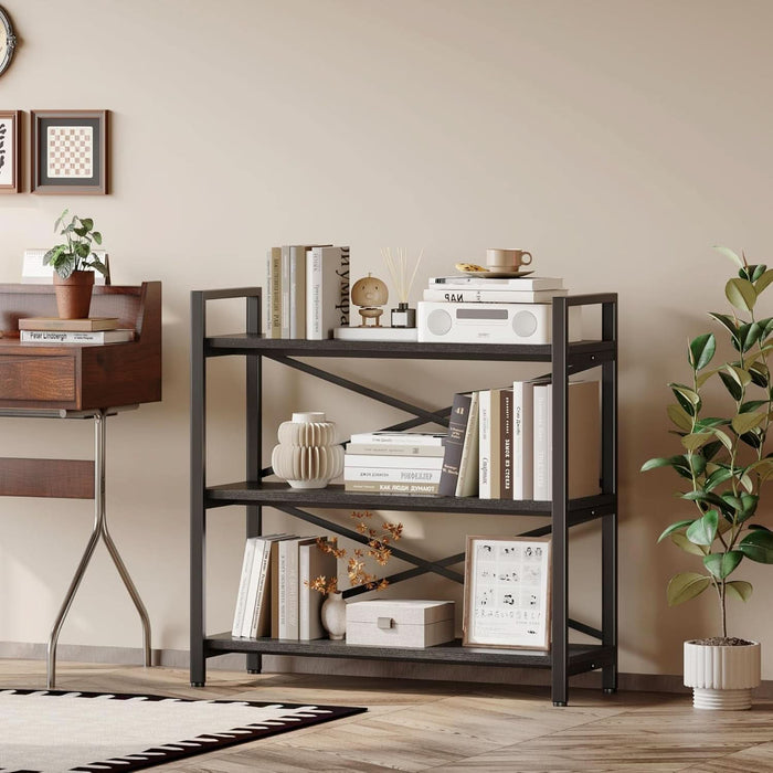 3 Tier Bookshelf 31.49" Width, Wood and Metal Etagere Bookcase, Vintage Farmhouse Modern Wooden Big Book Shelf for Home Living Room Bedroom Office Storage(Black)