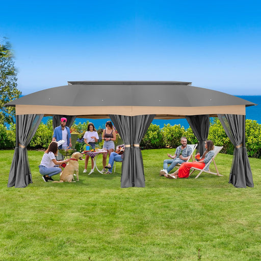 Gazebo 12X20 Heavy Duty Gazebo with Curtain and Nettings Outdoor Gazebo Double Roof Patio Gazebo with Metal Steel Frame Gazebo Tent for Patio, Deck, Backyard (Grey, Arc Top, Curtain & Netting)