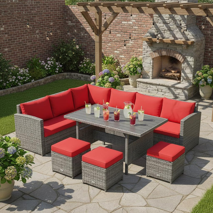 7 Pieces Patio Furniture Set, Outdoor Sectional Rattan Sofa Set with Cushions, All Weather Wicker Conversation Couch Set W/Dining Table & Ottomans for Backyard Garden Poolside